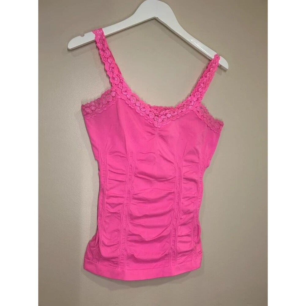 Y2K Bongo Women's L/XL Neon Pink Stretchy Lace Trim Tank Top